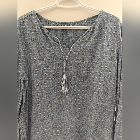 Roots Dresses & Skirts - Roots Blue Textured Tunic Dress Long Sleeve With Tassel Linen Blend Size M